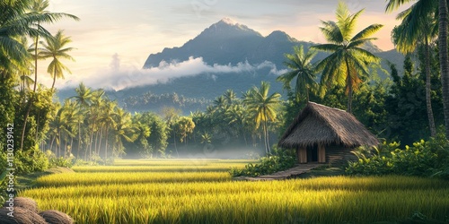 A serene hut nestled amidst lush rice fields, surrounded by palm trees and lined with coconut trees, with a majestic mountain looming in the background, creates a picturesque landscape.