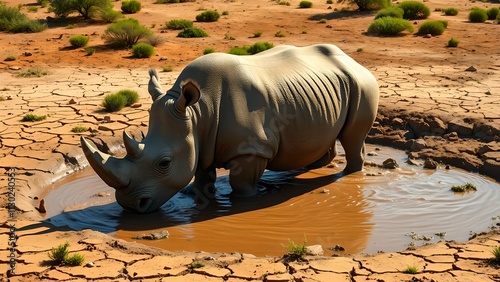 A massive rhino wallowing joyfully in a muddy waterhole under the scorching midday sun, surrounded by cracked earth and scattered green shrubs, creating a vivid contrast of nature’s harsh beauty.