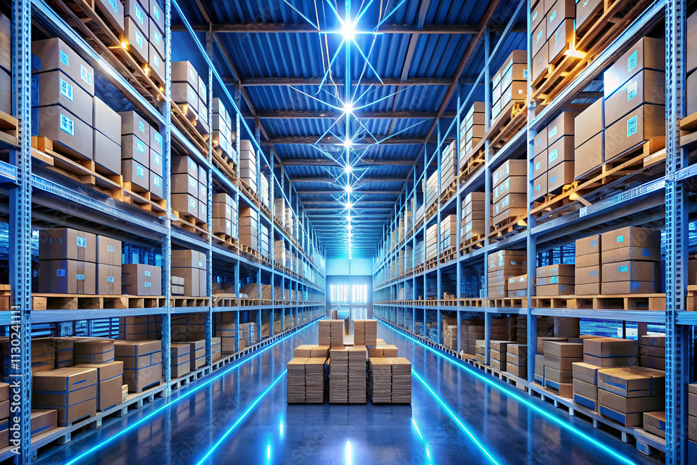 Fototapeta premium A modern warehouse filled with neatly stacked boxes on shelves, illuminated by bright lights, creating an organized and efficient storage environment.