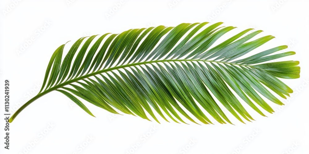 Obraz premium Isolated green leaf of a palm tree showcasing vibrant colors and intricate textures, perfect for illustrating themes of nature and tranquility with a focus on palm tree aesthetics.
