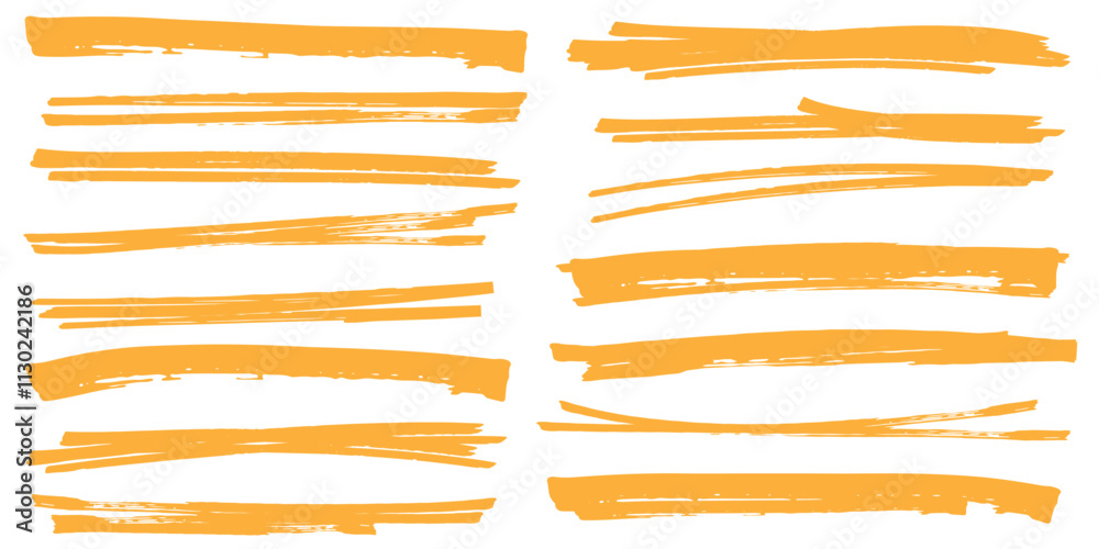 Obraz premium Vector yellow highlighter set. Hand drawn brush pen yellow highlights. Brush stroke marker underline emphasize elements. Acrylic paint line. Yellow marker stroke collection. 