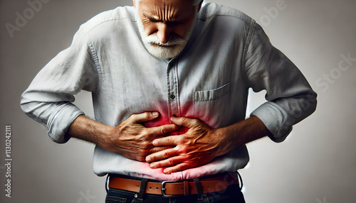 An elder man suffering from upper abdominal pain. photo