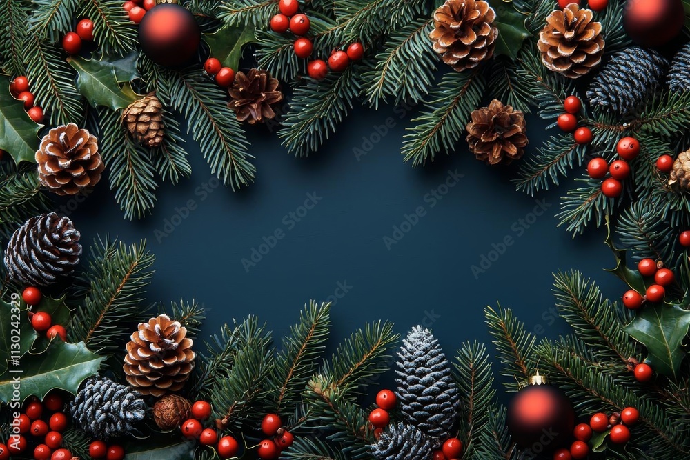 Fototapeta premium Festive Holiday Frame: Pine Cones, Red Berries, and Evergreen Branches on Dark Background