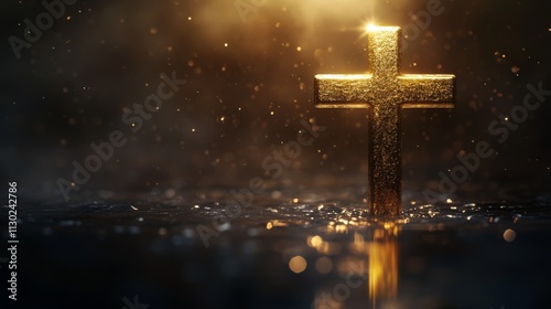 Golden Roman Christian Cross on liturgic black copy space banner background. 3D illustration for online worship church sermon in Advent and Lent. Concept symbolizing penance sacrifice mourning. photo