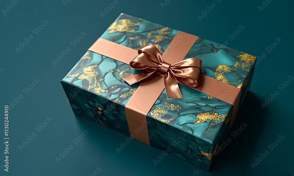 Coffret cadeau bleu à motifs dorés, noué d’un ruban satin couleur bronze, élégance et raffinement sur fond bleu Noël, anniversaire