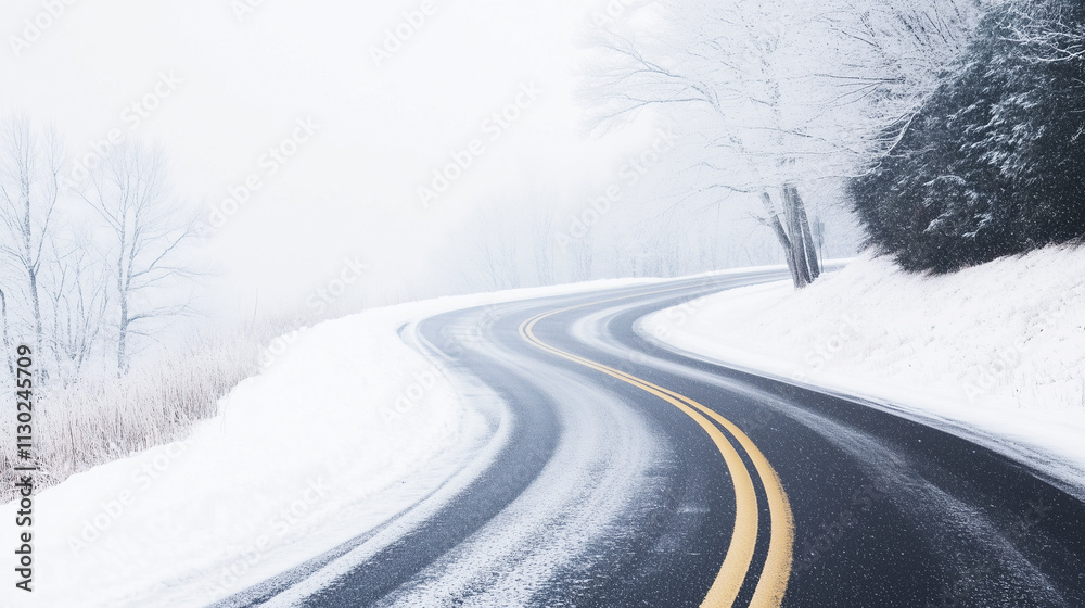 Fototapeta premium Curved asphalt road with double yellow lines on a white snowy day