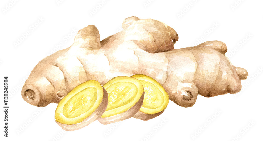 Fototapeta premium Ginger root with slices. Watercolor hand drawn illustration isolated on white background