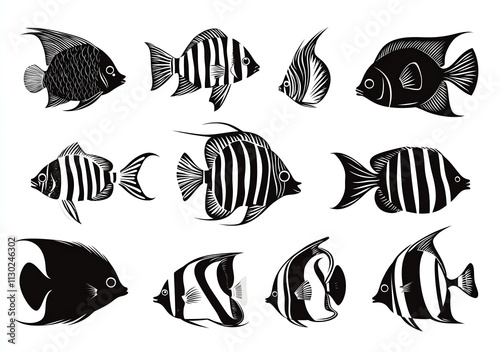 set of sea fish silhouettes on white photo