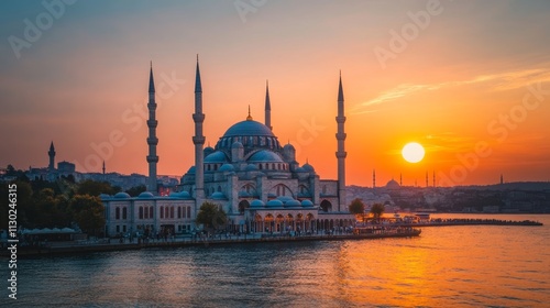 Web banner with silhouette of mosque on evening background.  photo