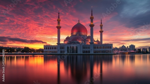 Web banner with silhouette of mosque on evening background.  photo