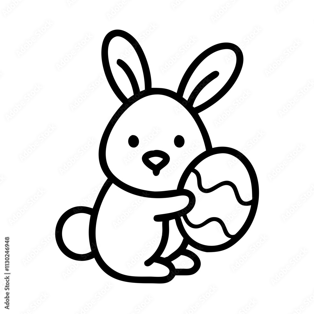 Fototapeta premium bunny holding an egg icon, easter day line art, easter day icon - simple black line art icon of bunny holding an egg, for easter day celebrations. easter day vector art.