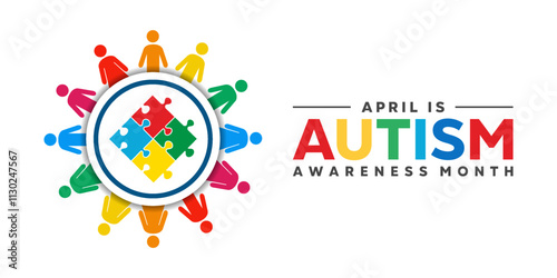 Autism Awareness Month. People and jigsaw. Great for cards, banners, posters, social media and more. White background.