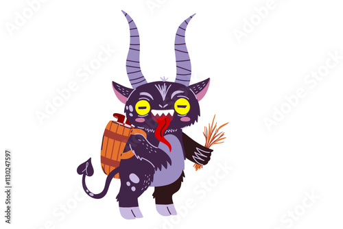Cute cartoon Krampus character. Christmas Krampus Goat devil illustration. Stock hand drawn vector illustration isolated on white background.