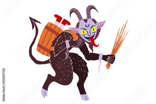 Krampus character. Cute cartoon Christmas Krampus kidnaps and punishes children. Goat devil illustration. Stock hand drawn vector illustration isolated on white background.