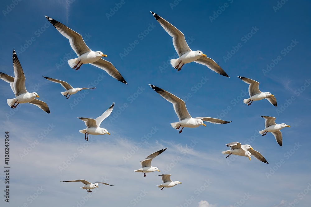 Fototapeta premium Seagulls Soaring in a Clear Blue Sky