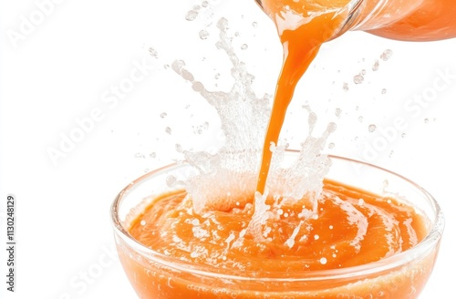 A vibrant orange liquid being poured into a bowl, creating splashes.