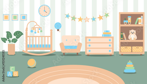 Baby boy room with furniture in flat style.Green, blue, yellow colors. Children room interior. Nursery with a baby cot, chair, book shelf, clock, flags, plant, toys. Flat Vector illustration. 
