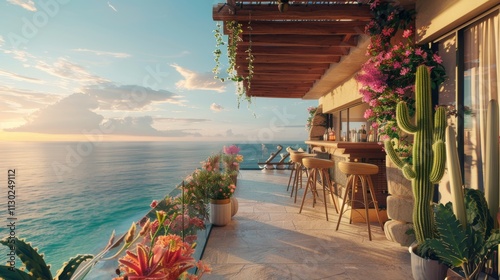 Ultra detailed balcony with ocean views, equipped with a bar table