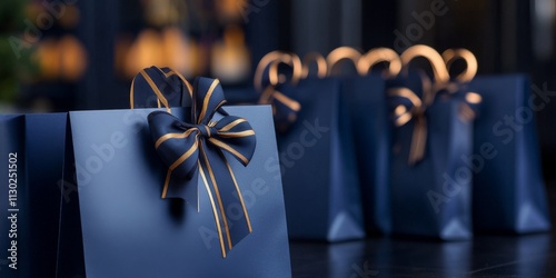Corporate gifts and souvenirs designed for employees, featuring a thoughtful gift bag package for conference participants. Experience the joy of gift giving in the office with these dark blue paper