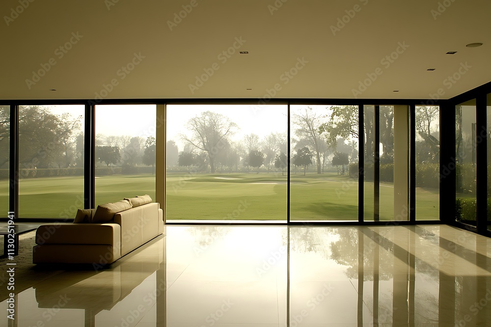 Fototapeta premium Modern living room golf course view luxury home