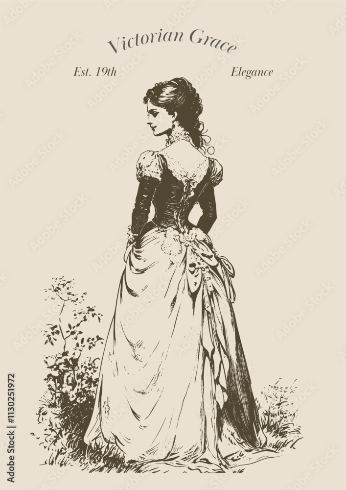 Victorian Woman in Elegant Gown with Detailed Back Design in Garden Setting