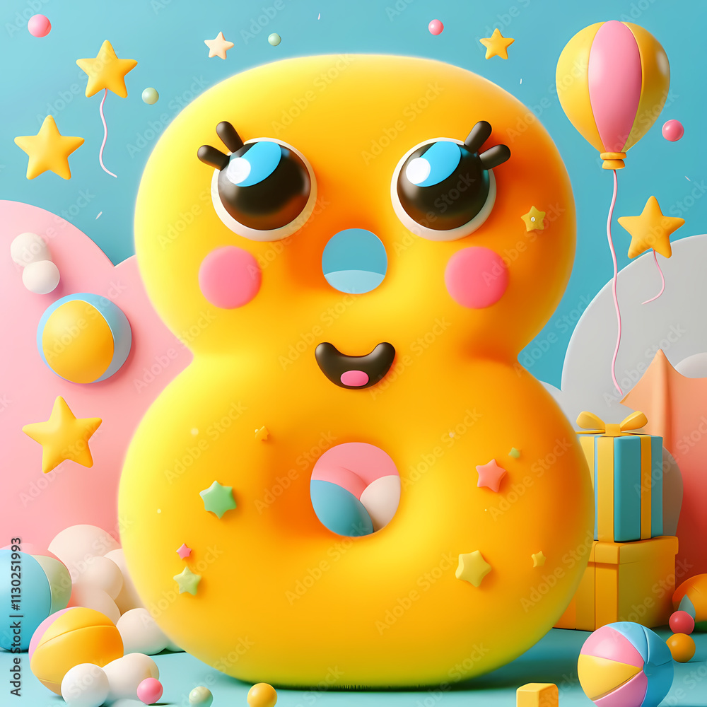 Playful 3D Number Eight Character with Big Eyes and a Colorful Party Theme Playful 3D Number Eight Character with Big Eyes and a Colorful Party Theme