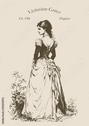 Obraz na płótnie Victorian Woman in Elegant Gown with Detailed Back Design in Garden Setting w salonie