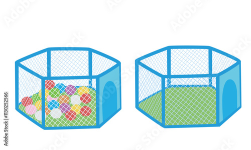 Colorful kids' ball pit vector . Children's play ball pit with hexagonal shape, blue frame and mesh sides, with multicolored balls in side. Baby or kid play zone flat vector in cartoon style isolated
