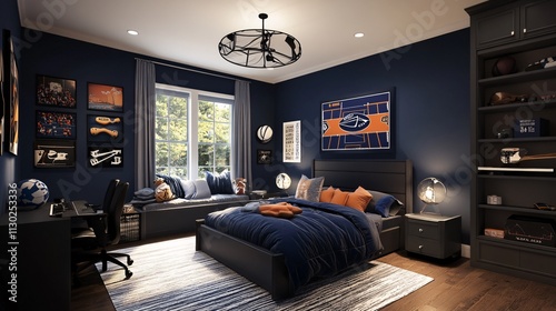 A boys' room with a football, basketball theme
