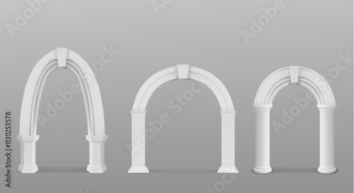 Classical architectural arches supported by columns in various design - pointed with clean details, rounded with minimalist lines, and ornamented circular with decorative elements. 3d Greek pillar.