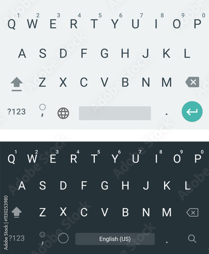 Mobile keyboard for smartphone or tablet. Two keypad template, light and dark. Vector illustration
Light Mode Keyboard. Isolated Keypad With English Qwerty Alphabet.