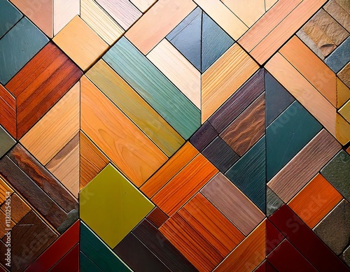 Colorful geometric wooden tile background with various shapes and textures, creating a vibrant and intricate pattern. Ideal for design, decor, and artistic projects