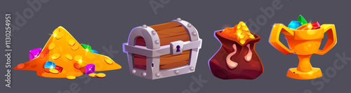 Cartoon treasure heaps set for game ui design - golden pile with gemstones, closed wooden ancient chest, sack with coins and gold reward cup full of diamonds. Pirate and adventure rpg loot assets.
