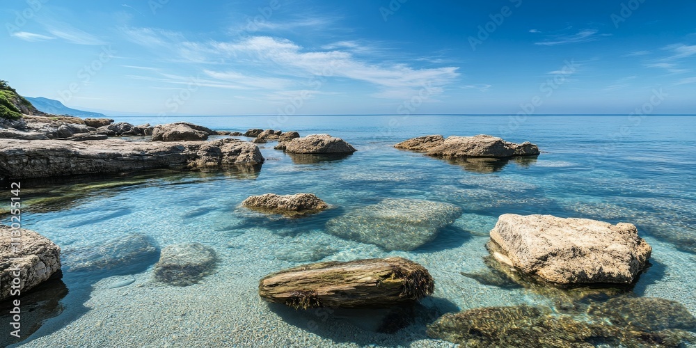 Seaside scenery featuring clear sky and clear water, with striking rocks along the shoreline, creating a picturesque seaside atmosphere perfect for relaxation and exploration. Seaside scenery featuring clear sky and clear water, with striking rocks along the shoreline, creating a picturesque seaside atmosphere perfect for relaxation and exploration.
