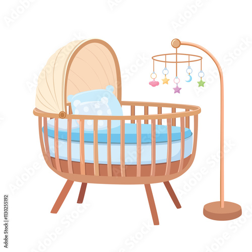 Baby bassinet with mobile vector. Baby bassinet with natural wooden frame, soft canopy, cozy bedding. Hanging mobile with colorful stars, moons, and clouds. Baby shower, baby element flat vector.