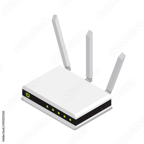 Isometric wireless WiFi router device. Transmission of communication signal in apartment and office network. 3D vectors isolated on white background top view at an angle