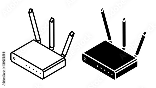 Linear icon, isometric wireless WiFi router device for  communication signal in apartment and office network. Simple black and white top view vector isolated on white background
