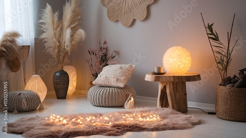 Scandinavian, hygge interior design of cozy modern living room with soft glowing fur, fluffy lamp, cup on wooden side table and natural decorative elements, including soft pillows and warm lighting.
