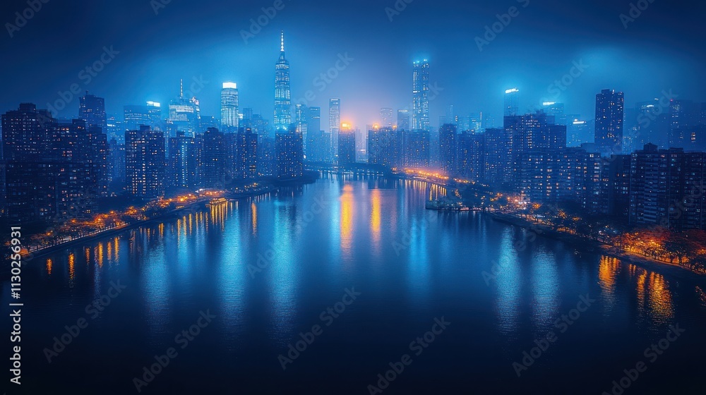 Obraz premium Night cityscape, river reflection, city lights, urban skyline.