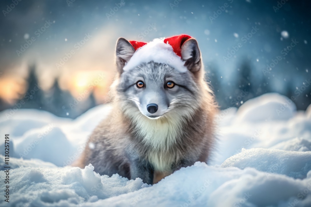 Obraz premium Arctic Fox Santa Hat Winter Wonderland Snowy Scene Wide Angle Photography