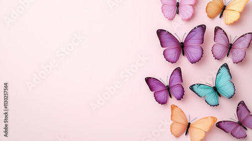 Colorful butterflies on light pink background create springtime theme photo