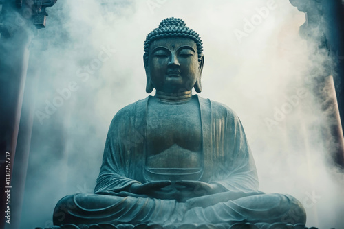 Intricate Buddha statue surrounded by mist in a serene Chinese temple, capturing the essence of zen art and nature's beauty photo