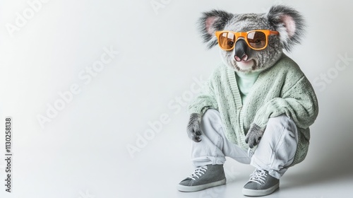 A koala wearing sunglasses and a sweater, posing in a casual stance. photo