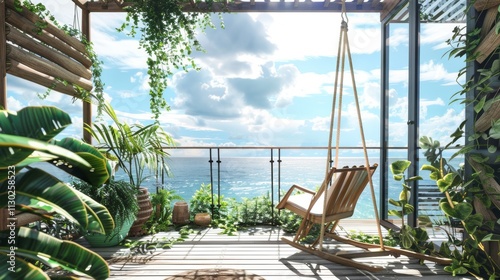 Ultra detailed balcony with ocean vistas, featuring a hammock