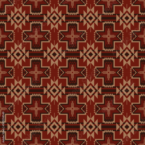 Red-gold Native American geometric pattern. Vector colorful aztec southwestern geometric shape seamless pattern. Ethnic geometric pattern use for textile, home decoration elements, upholstery, etc.