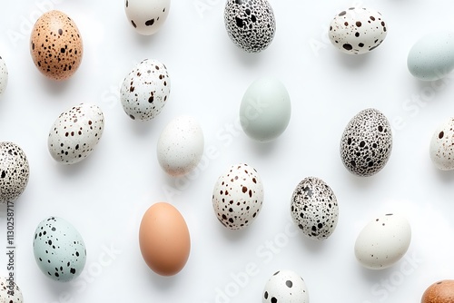 Quail eggs on white background. Flat lay, top view. photo