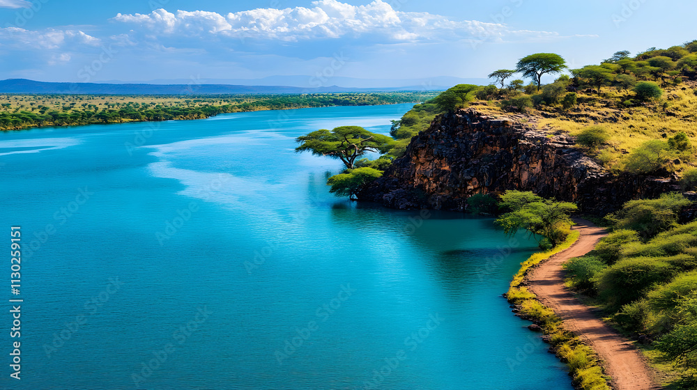 Obraz premium A serene landscape featuring a winding river bordered by lush greenery and rocky cliffs under a bright blue sky