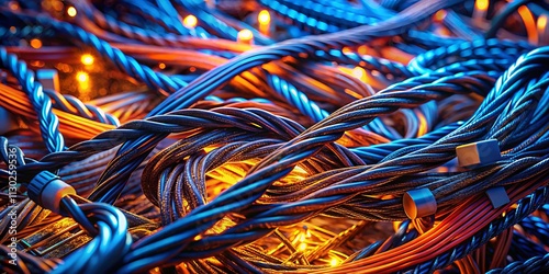 Bird's Eye View of Multi-Core Network Cables: A Stunning High-Resolution Image of Intertwined Cables, Vibrant Blue and Orange Hues, Complex Network Infrastructure, Data Transfer, Technology photo