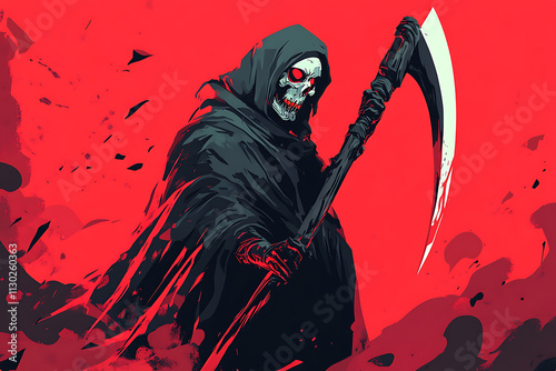 A grim reaper figure with a scythe against a striking red background.