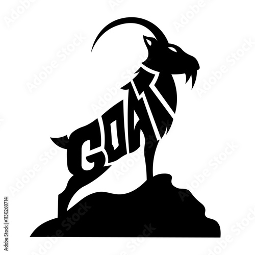 Mountain goat ibex silhouette standing on a rock written the word on the body illustration graphics good for sticker print